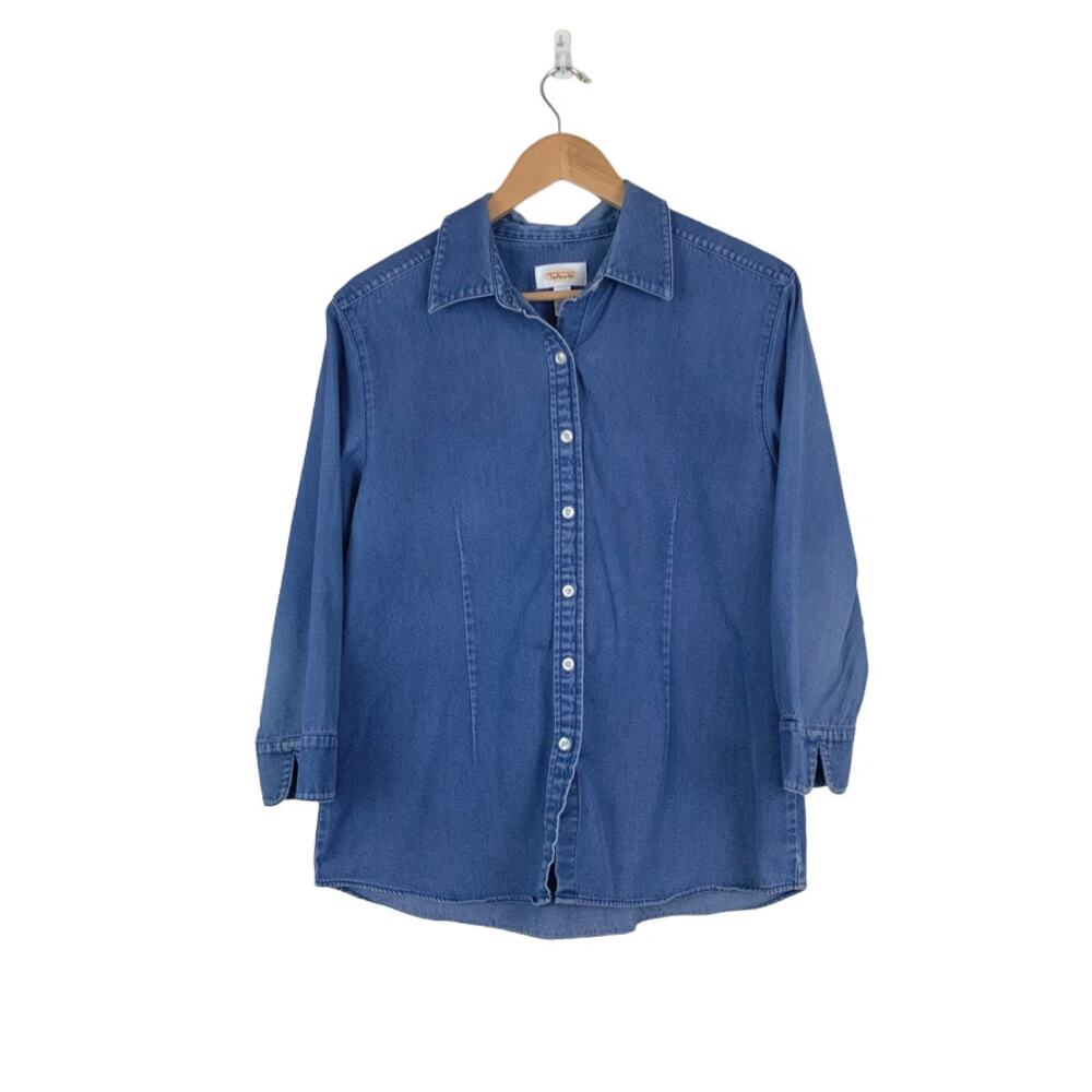 Talbots Womens Blue Denim Button Down Sz Large Southwest Casual Country Western